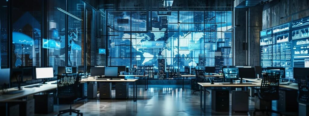 a bustling urban logistics office, featuring a sleek conference table with detailed moving plans and digital screens displaying relocation service options, conveys the professional environment of selecting tailored moving solutions.