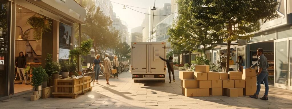 a bustling urban moving company setting showcases a diverse team efficiently loading eco-friendly boxes into a modern truck, with digital booking screens and real-time tracking devices in the background, symbolizing the integration of technology and sustainability in the moving industry.