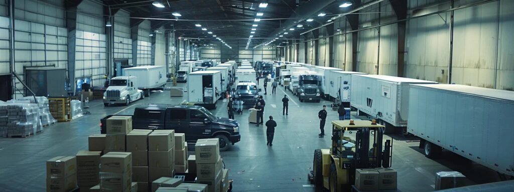 a bustling urban moving company warehouse features diverse teams of professionals efficiently packing boxes into sleek moving trucks, surrounded by clear signage depicting key compliance factors for various states.