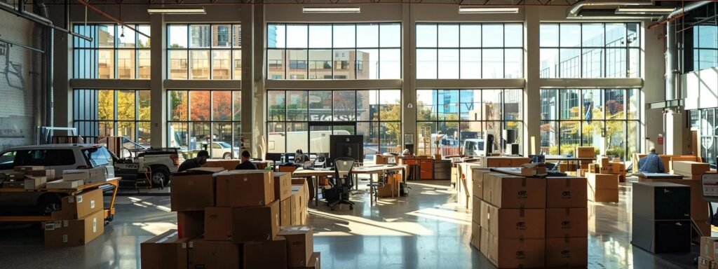 a bustling urban moving company office, with professionals efficiently coordinating logistics while surrounded by packed boxes and moving trucks visible through large windows, conveys the essence of interstate relocation laws in action.