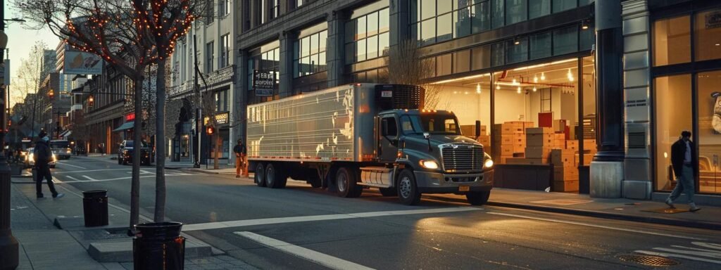 a bustling urban moving company environment in long branch nj, showcasing movers collaboratively packing boxes into a sleek, branded truck, with clear signage about transparent pricing and customized moving plans displayed prominently.