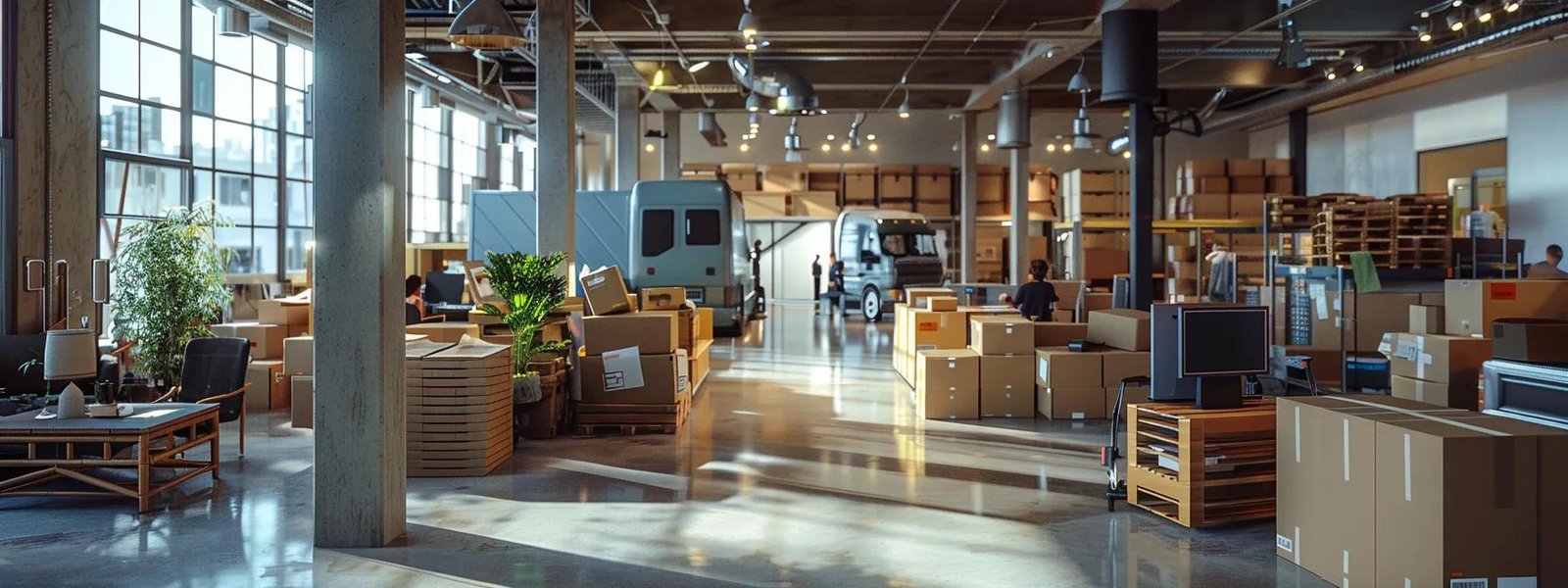 a bustling urban moving company office, with focused professionals discussing local moving permits amidst an organized backdrop of packed boxes and ready trucks, conveying a sense of efficiency and preparation for a seamless relocation.