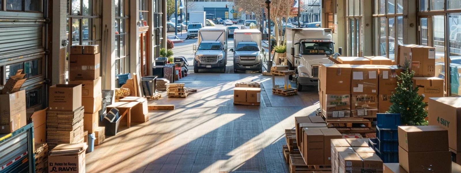 a bustling urban moving company office filled with focused professionals coordinating interstate relocation logistics, surrounded by stacked boxes and a large moving truck parked outside.