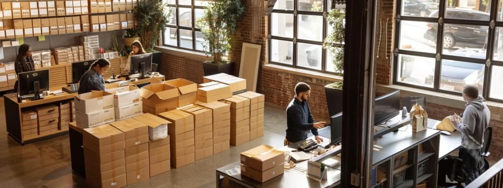 a bustling urban moving company office showcases professionals diligently reviewing applicant eligibility documents alongside a display of neatly packed boxes ready for transport, emphasizing a commitment to compliance and consumer protection.