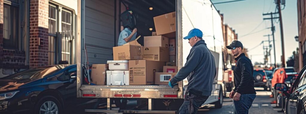 a bustling urban moving company scene captures a diverse group of professionals meticulously loading packed boxes into a large moving truck, emphasizing the complexity and regulatory aspects of interstate relocation.