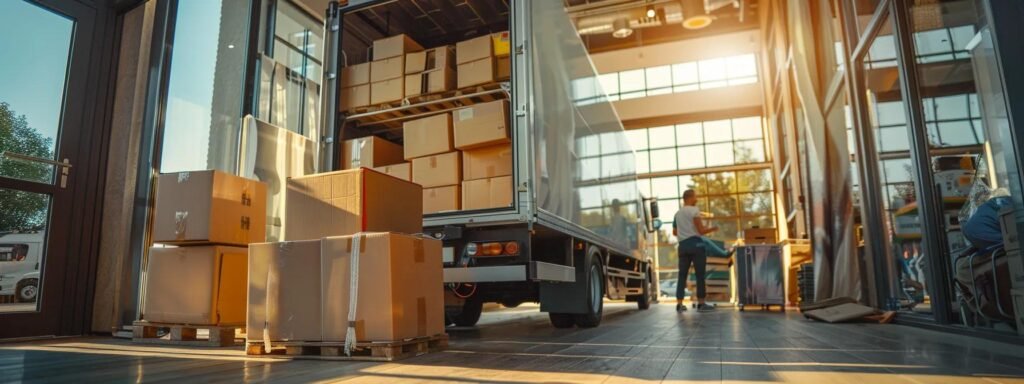 a bustling urban moving company office showcases a diverse team energetically packing boxes into a sleek, modern truck, highlighting the efficiency and teamwork involved in interstate moving requirements today.
