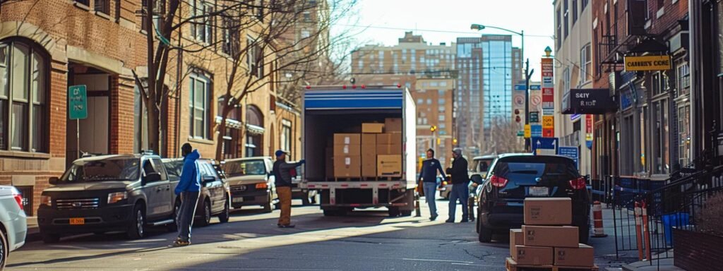 a bustling urban moving company scene showcases workers efficiently loading neatly stacked boxes into a brightly colored moving truck, with an emphasis on compliance posters visible in the background, highlighting the importance of state-specific regulations.