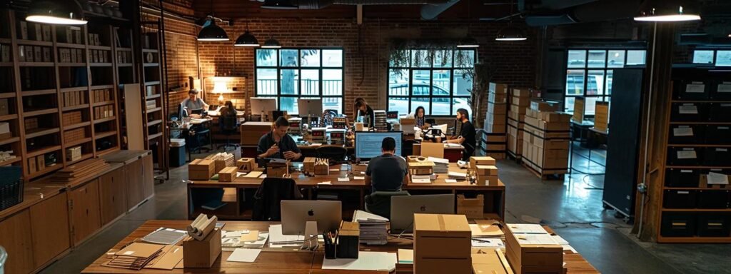 a bustling urban moving company office, featuring a professional team coordinating logistics over a large table filled with packing materials, inventory lists, and schematics, illuminated by sharp overhead lights that emphasize a sense of organized efficiency.