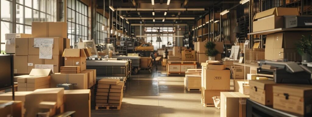 a bustling urban moving company office with professionals coordinating logistics, surrounded by maps and compliance documentation, as movers pack boxes into neatly lined trucks ready for transport.
