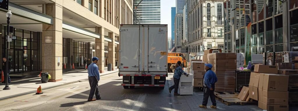 a bustling urban moving operation showcases individuals clad in company uniforms efficiently loading neatly packed boxes into a large moving truck, set against a backdrop of modern city buildings to emphasize the professionalism and compliance of the moving industry.