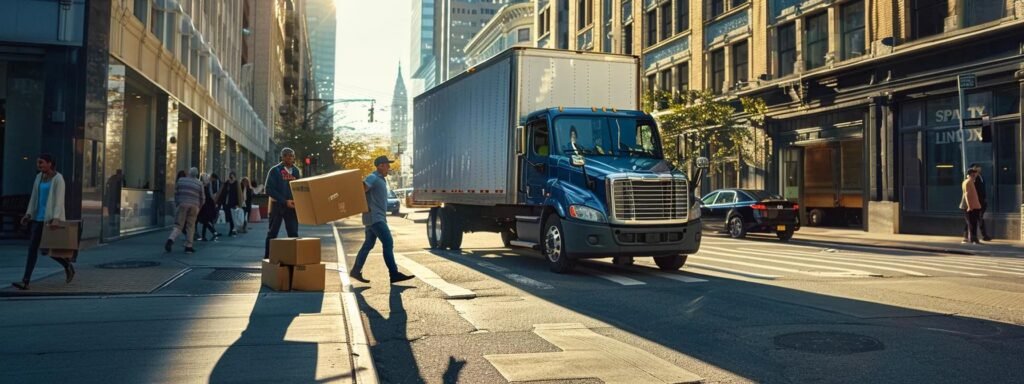 a bustling urban moving scene captures a diverse team efficiently loading packed boxes into a sleek moving truck, set against the backdrop of ocean, nj’s distinct architecture, emphasizing their expertise in navigating both city and suburban environments.