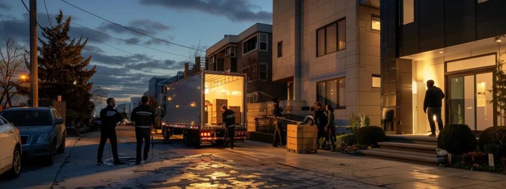 a bustling urban moving scene showcasing a diverse team of professionals efficiently loading a moving truck with neatly packed boxes outside a modern residential building in ocean, nj, illuminated by bright, artificial lighting.