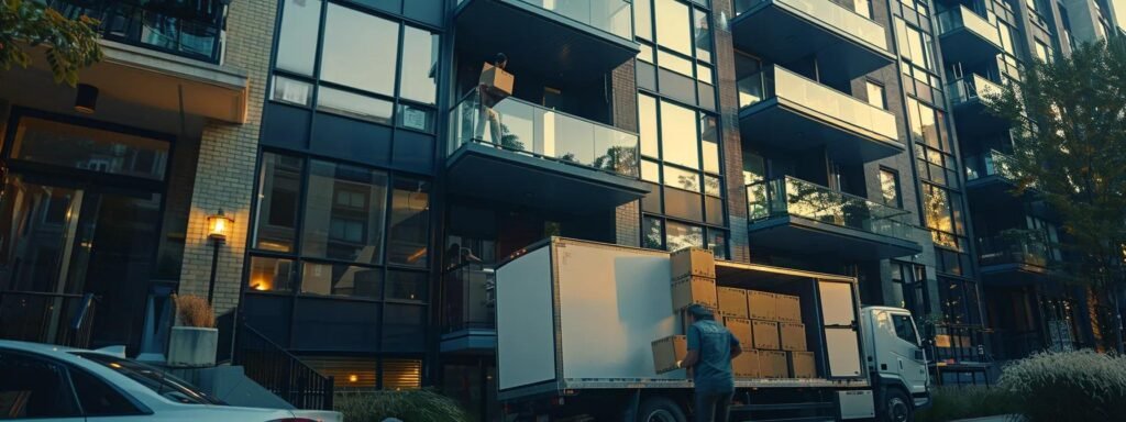 a bustling urban moving scene captures a diverse team efficiently packing boxes into a sleek moving truck outside a modern apartment building, conveying the seamless and easy booking experience of next door movers in millstone, nj.