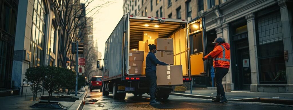 a bustling urban moving scene showcases a team of professionals efficiently packing boxes into a sleek, modern moving truck, emphasizing the commitment to customer satisfaction and meticulous organization associated with next door movers in neptune, nj.