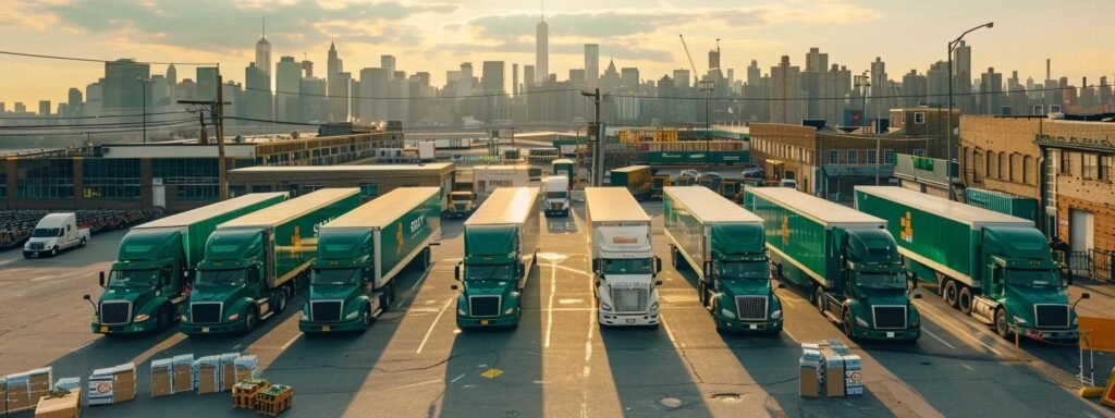 a bustling urban moving scene captures a modern, digitalized logistics company, where diverse employees efficiently organize eco-friendly packing materials and customized solutions near sleek, green transport trucks against a city skyline backdrop, conveying the evolving trends of the moving industry in new jersey.