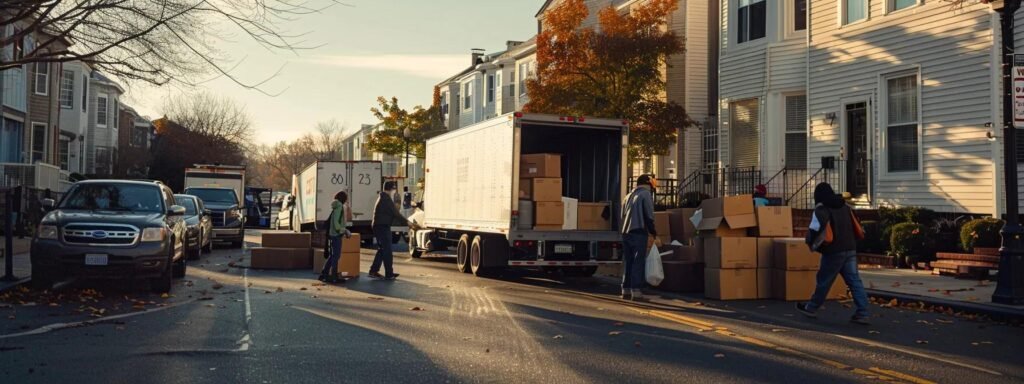 a bustling urban moving scene captures professional movers efficiently packing boxes into sleek, modern trucks, showcasing the seamless blend of advanced moving technology and local expertise in a vibrant long branch, nj neighborhood.