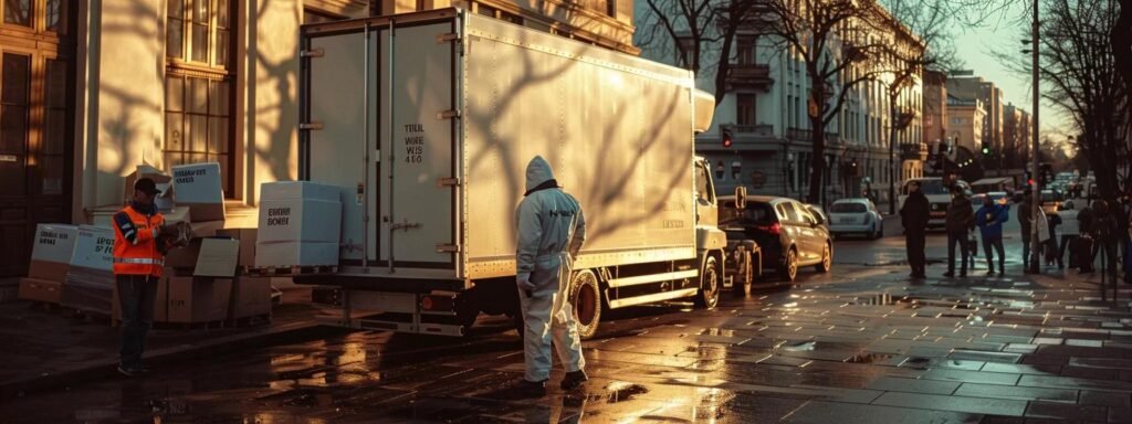 a bustling urban moving scene captures professional movers in protective gear meticulously packing boxes into a sleek moving truck, highlighting their commitment to safety and organization amidst a vibrant city backdrop.