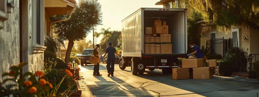 a bustling urban moving scene captures a diverse team of professional movers expertly packing boxes into a modern truck, surrounded by a meticulously organized residential environment, emphasizing efficient logistics and attention to valuable item protection.