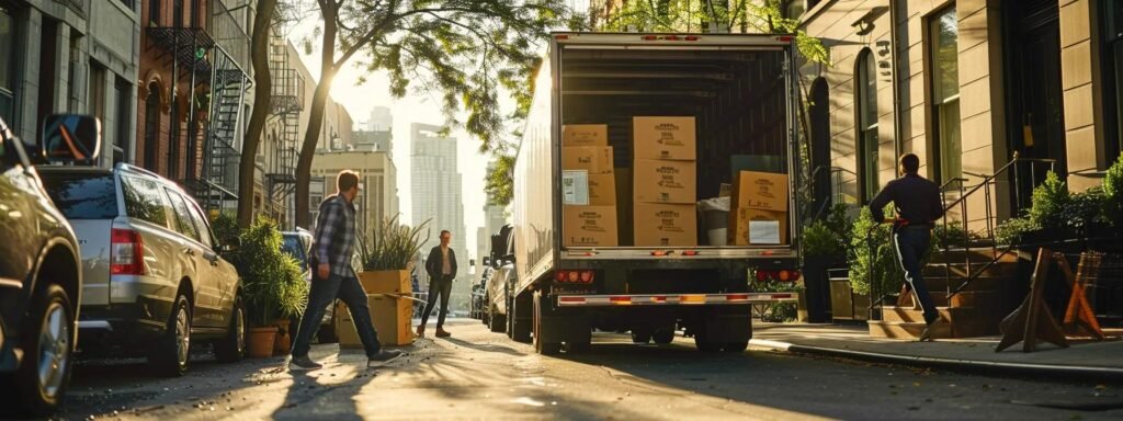 a bustling urban moving scene captures professional movers efficiently packing a bright truck with carefully labeled boxes, showcasing the seamless coordination and expert handling that defines next door movers' reliable service in ocean, nj.