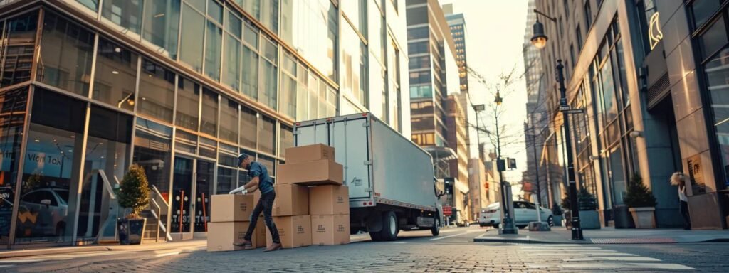 a bustling urban moving scene in matawan, nj, showcases professional movers expertly packing boxes into a sleek truck amidst a backdrop of modern office buildings, conveying efficiency and reliability in the relocation process.