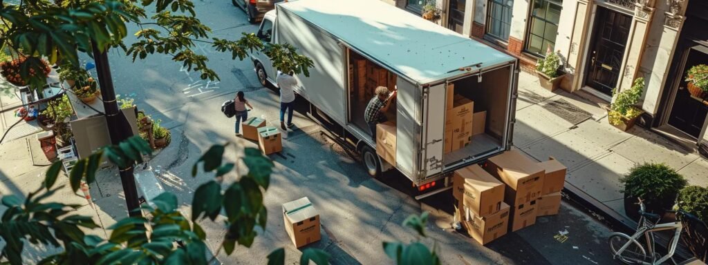 a bustling urban moving scene showcases professional movers efficiently packing transparent labeled boxes into a sleek moving truck, embodying the essence of cost transparency and organized service agreements.