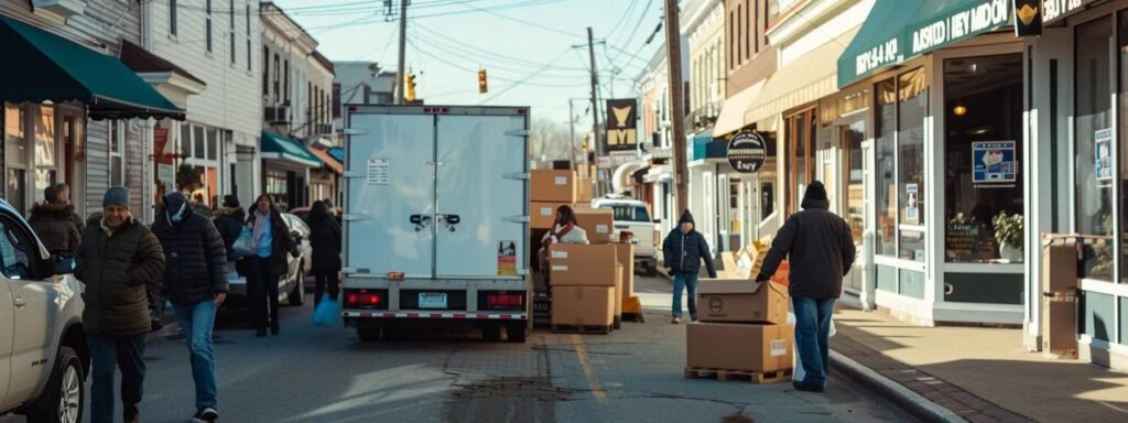 a bustling urban moving scene in manasquan, nj, showcases professional movers efficiently loading boxes into a branded truck, with a backdrop of local storefronts and engaged community members, emphasizing the company's commitment to customer satisfaction and local reputation.