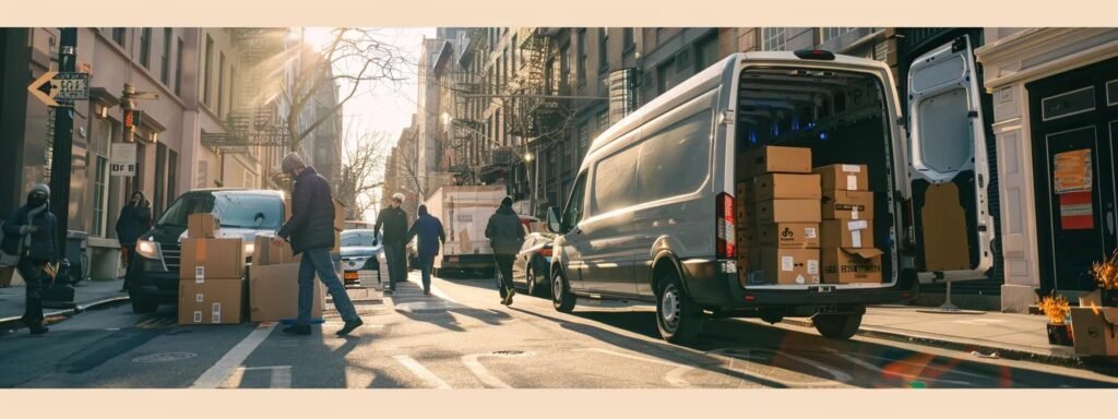 a bustling urban moving scene captures a team of professionals efficiently loading neatly stacked boxes into a van under the warm glow of afternoon overhead lights, symbolizing seamless transitions and organized logistics.