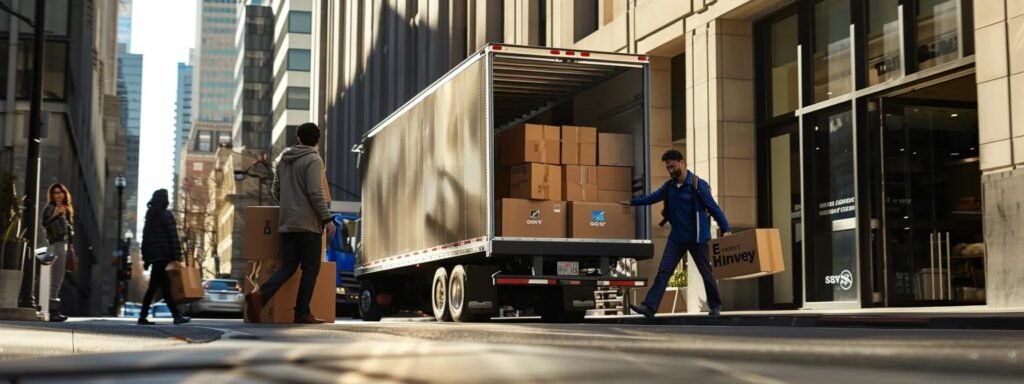 a bustling urban moving scene showcases a professional team efficiently packing boxes into a sleek moving truck, exemplifying industry standards of clear communication and meticulous logistics against the backdrop of a contemporary cityscape.