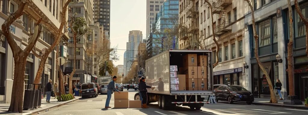 a bustling urban moving scene captures professional movers efficiently loading packed boxes into a commercial truck, set against the backdrop of a busy city street lined with towering buildings, highlighting the careful navigation of local regulations and logistical challenges.