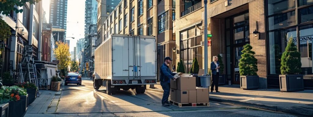 a bustling urban moving scene captures a team of professionals in smart uniforms efficiently packing boxes into a sleek truck amidst a modern city backdrop, symbolizing the comprehensive support services offered by next door movers.