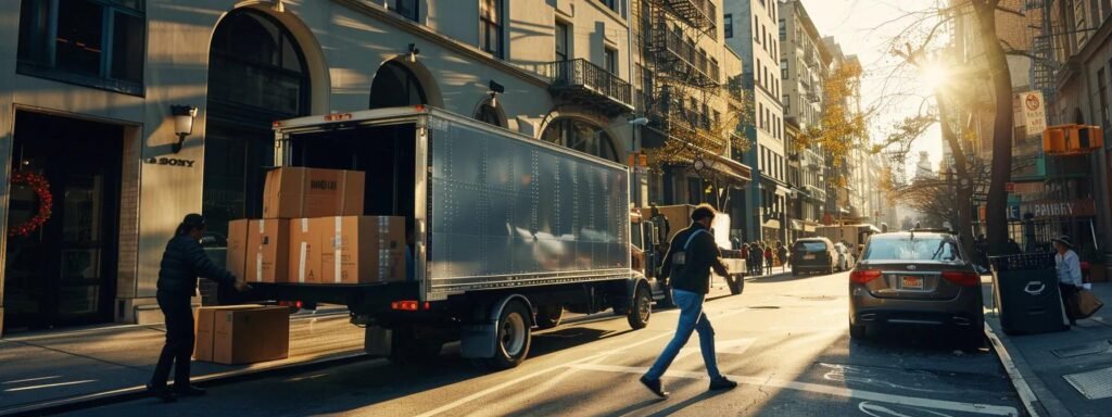 a bustling urban moving scene captures a team of professional movers expertly loading an array of packed boxes into a sleek moving truck, showcasing their commitment to efficiency and personalized service in a bright, organized city environment.