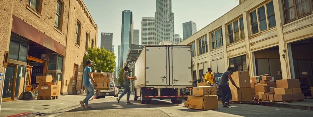 a bustling urban moving scene captures a diverse team efficiently packing boxes into a brightly branded moving truck, surrounded by a backdrop of city buildings and office structures, symbolizing the operational complexities and compliance demands faced by moving companies.