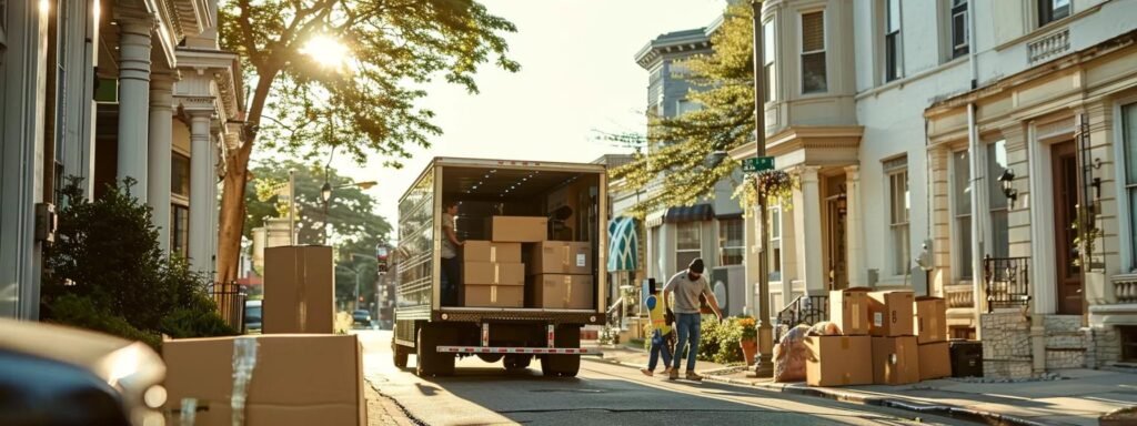 a bustling urban moving scene captures professional movers efficiently loading neatly packed boxes into a sleek truck, showcasing a seamless transition for a residential relocation in ocean, nj, with a focus on teamwork and precision.