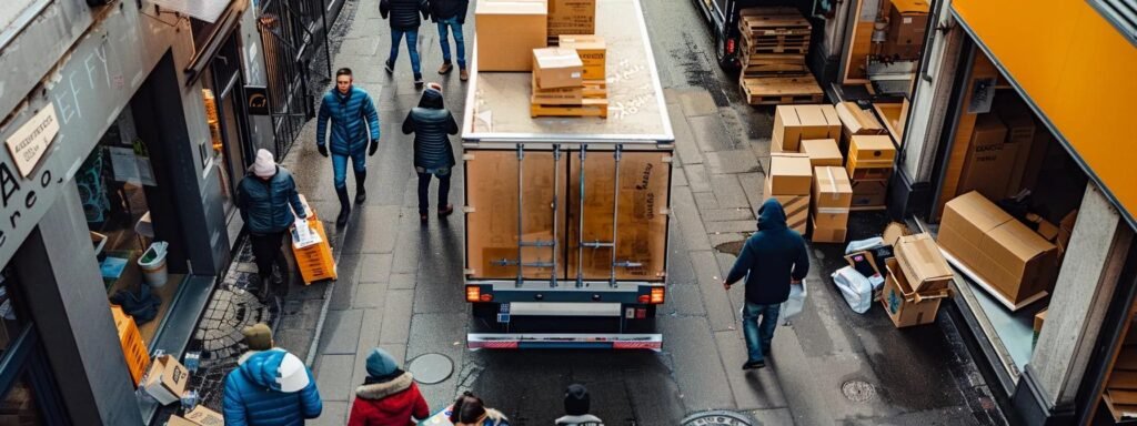 a bustling urban moving scene captures diverse individuals efficiently packing boxes into a brightly colored moving truck, surrounded by meticulously organized checklists and digital inventory tools displayed prominently on nearby tablet screens, all bathed in warm interior lighting for a productive atmosphere.