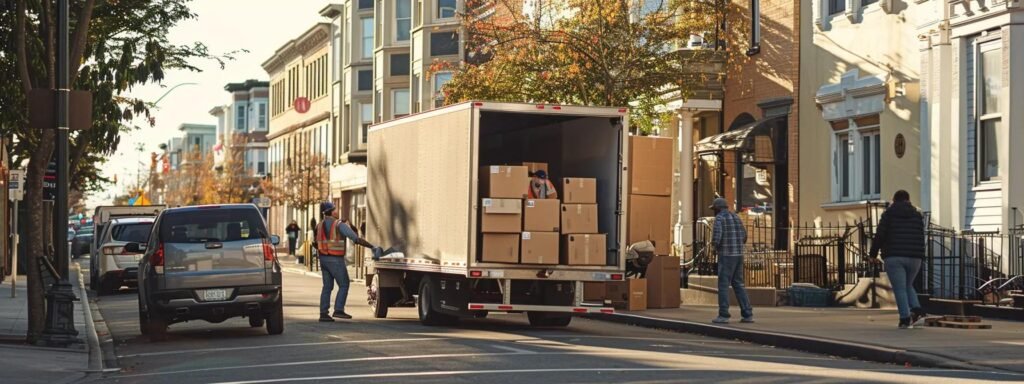 a bustling urban moving scene in long branch, nj, captures a team of professionals expertly loading an array of neatly packed boxes into a modern moving truck, showcasing their efficient service coverage across new jersey's diverse towns and cities.