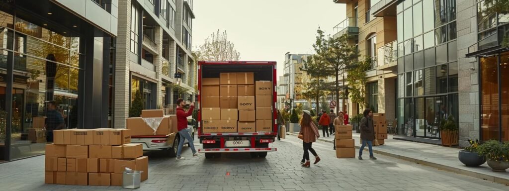 a bustling urban moving scene features determined individuals efficiently packing neatly organized boxes into a sleek moving truck against a backdrop of modern apartment buildings, reflecting a streamlined and hassle-free relocation process.