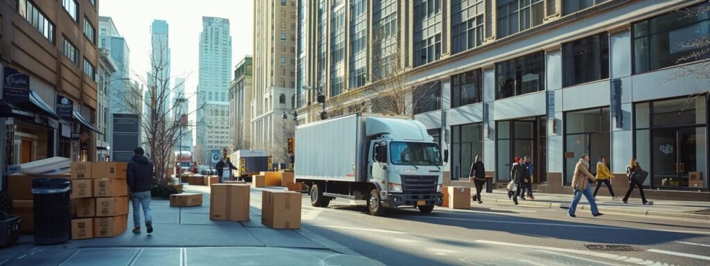 a bustling urban moving scene captures a diverse team of professionals efficiently packing boxes into a sleek moving truck, surrounded by a modern cityscape, emphasizing organization and expertise in the relocation process.