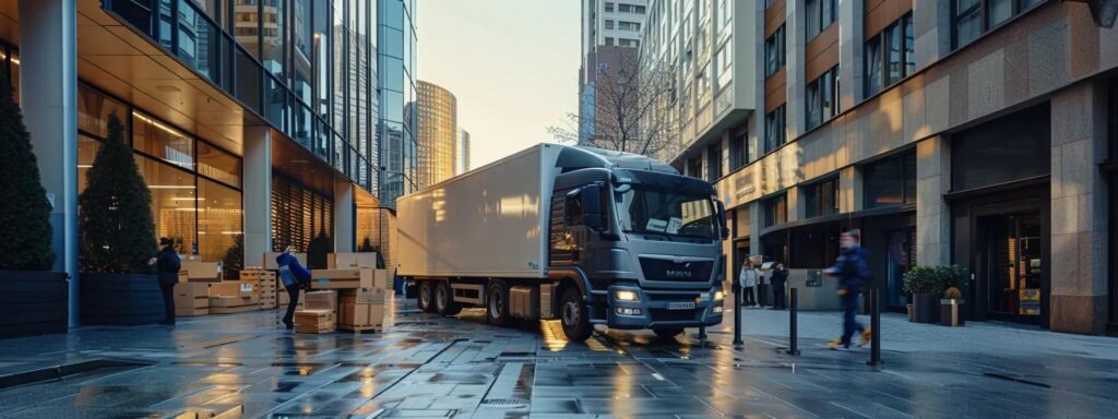 a bustling urban moving scene captures professional movers efficiently loading packed boxes into a modern truck outside a sleek commercial building, emphasizing the organized and timely execution of a corporate relocation.