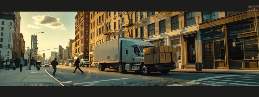 a bustling urban moving scene depicts a diverse team of movers efficiently packing boxes into a sleek moving truck, showcasing a clear focus on professionalism and the art of relocating, set against the backdrop of a vibrant ocean, nj street.