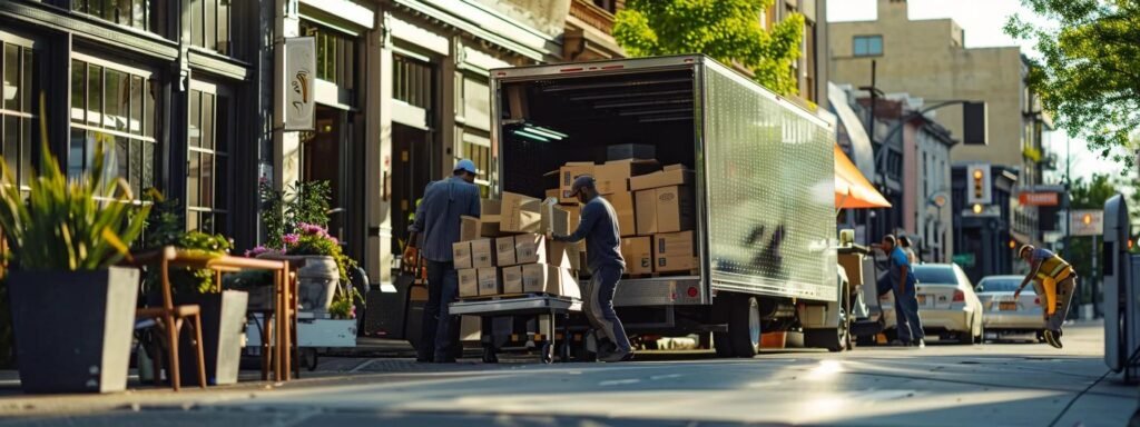 a bustling urban moving scene featuring a diverse team of professionals efficiently loading neatly stacked boxes into a sleek moving truck, emphasizing the seamless and reliable service offered by next door movers in millstone, nj.