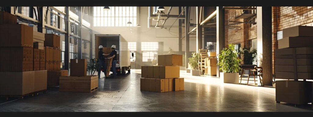 a bustling urban moving scene inside a modern warehouse, showcasing a team of diligent movers expertly packing boxes into a sleek moving truck, capturing the professionalism and efficiency associated with next door movers.