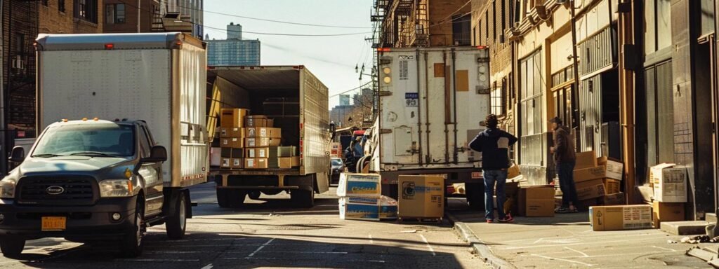 a bustling urban moving scene captures diverse individuals strategically loading meticulously packed boxes into sleek moving trucks, highlighting the complexities of local regulations and logistics.