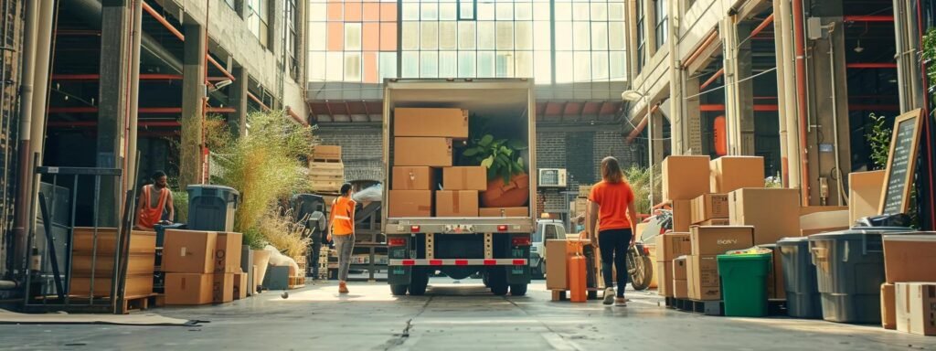 a bustling urban moving scene captures a diverse team of movers expertly packing and organizing color-coded boxes into a sleek, modern truck, showcasing their specialized packing services and commitment to efficiency in a high-stakes relocation.
