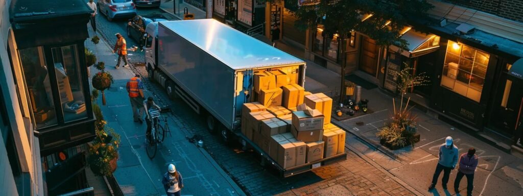 a bustling urban moving scene depicts a professional crew efficiently loading an array of boxes into a modern moving truck, conveying the expertise and organization of next door movers in millstone, nj, under bright overhead lighting in a well-lit commercial area.