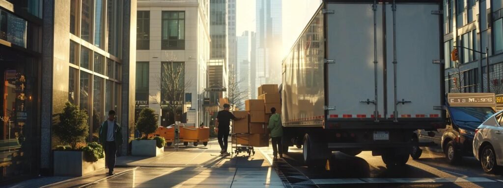 a bustling urban moving scene captures a diverse team of movers efficiently loading neatly packed boxes into a sleek moving truck against the backdrop of a modern cityscape, highlighting their professionalism and commitment to seamless relocations.