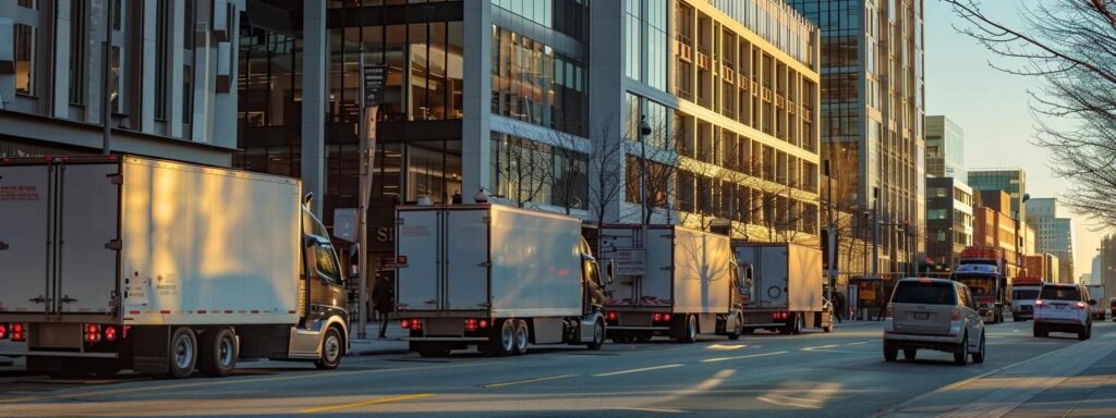 a bustling urban moving scene captures specialized trucks lined up in front of a modern building as professionally dressed movers efficiently load climate-controlled vehicles with carefully packed boxes, showcasing precision and advanced logistics in long-distance transportation.