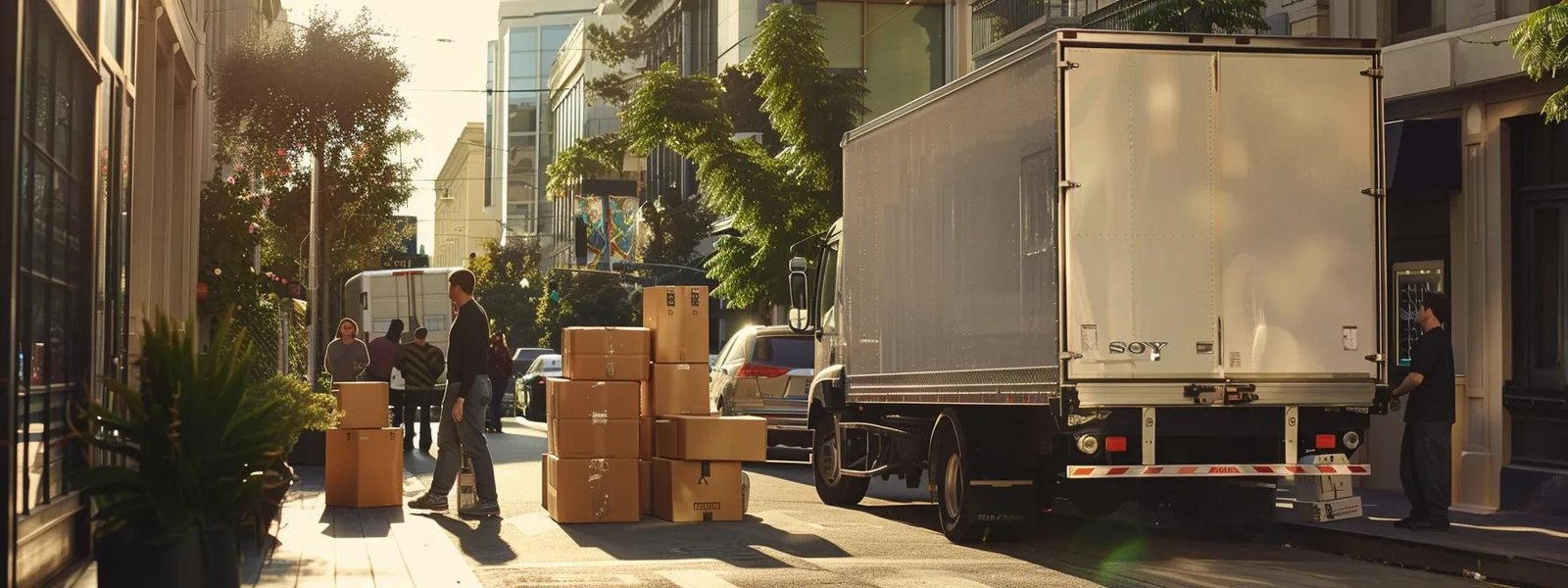a bustling urban moving scene captures determined individuals efficiently packing neatly stacked boxes into a modern truck, embodying the urgency and importance of consumer rights in the moving industry.