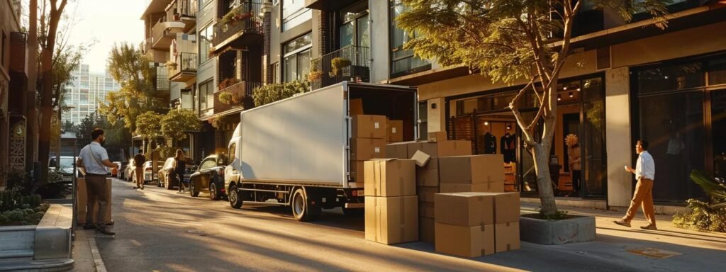 a bustling urban moving scene captures professional movers efficiently packing and loading sturdy boxes into a sleek moving truck outside a contemporary residential building, showcasing the organized chaos of a comprehensive relocation process.