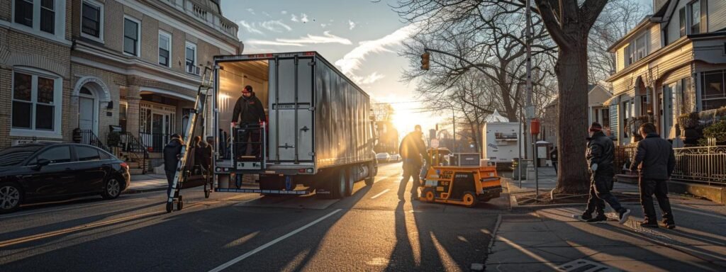 a bustling urban moving scene captures professional movers expertly loading a modern truck equipped with high-tech hydraulic lifts and custom dollies, emphasizing their efficiency and advanced equipment amidst a backdrop of neptune nj's neighborhood.
