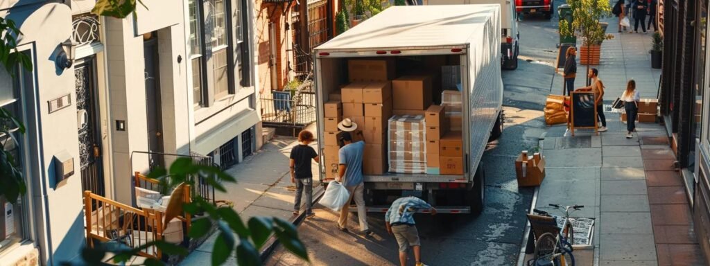a bustling urban moving scene in neptune, nj, featuring a team of professionals meticulously packing boxes into a branded truck, with transparent pricing charts displayed nearby, emphasizing trust and value-driven service.